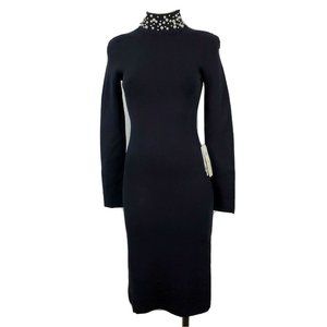 ELIZA J Bodycon Knit Dress XS Black Jeweled Faux Pearl Mock Neck Long Sleeve